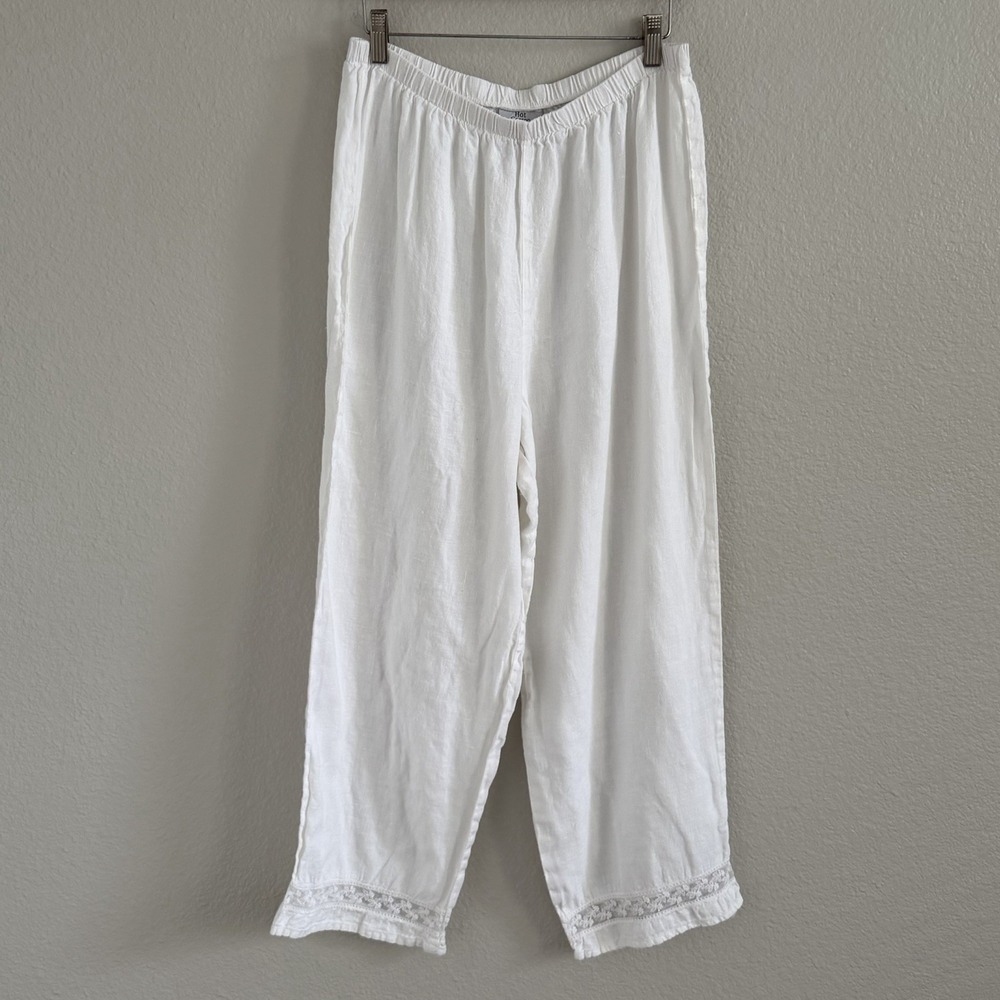 Hot Cotton by Marc Ware Women's Large 100% Linen White Pants Embroidered Trim